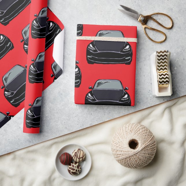 Papel De Presente Veículo elétrico a preto SUV - Fundo vermelho (Artesanato)