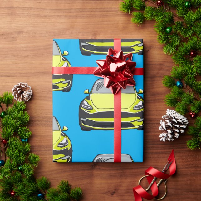 Papel De Presente Veículo Elétrico Amarelo SUV Carro Azul Fundo (Presente de Natal)
