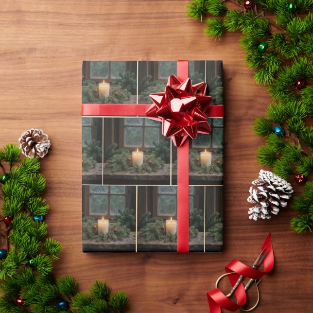 Papel De Presente Vela De Natal Na Janela Da Farmhouse (Presente de Natal)