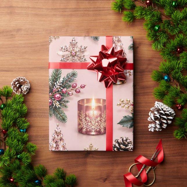 Papel De Presente Vela de Natal Rosa Bege Borgonha (Presente de Natal)