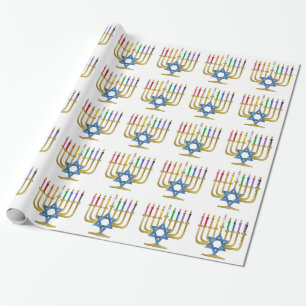 Papel De Presente Velas de Arco-íris de Hanuka Menorah Dourada