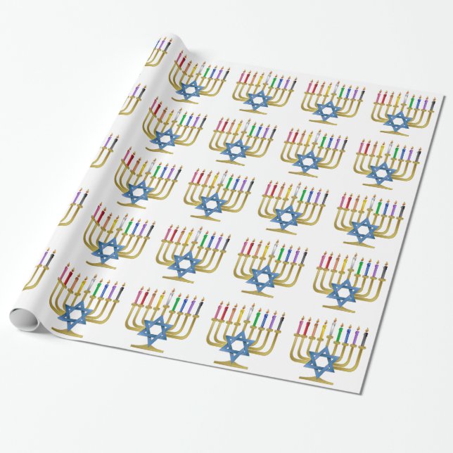 Papel De Presente Velas de Arco-íris de Hanuka Menorah Dourada (Desenrolado)
