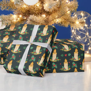 Papel De Presente Velas de Natal Antigas Padrão de Azevinho