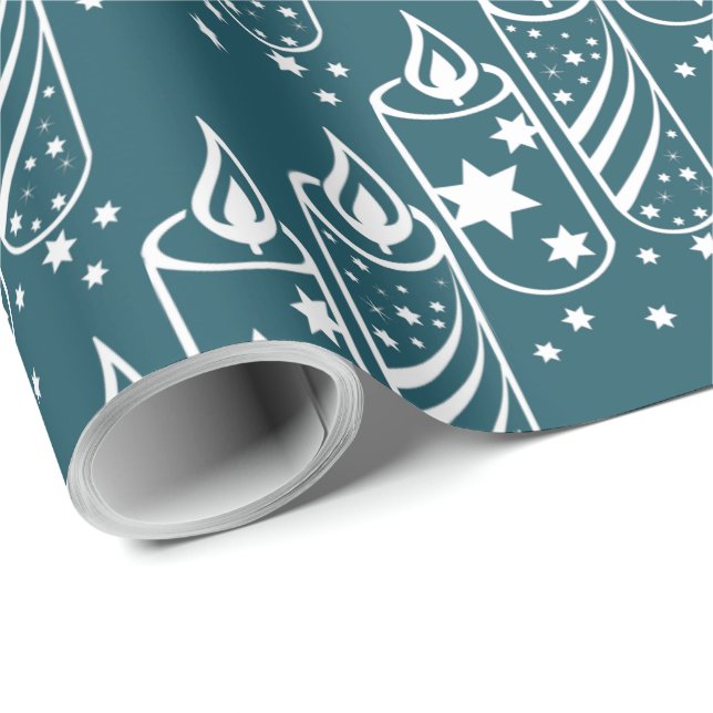 Papel De Presente Velas de Natal Azul e Branco Trendy (Ponta do rolo)