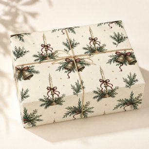 Papel De Presente Velas e Sininhos de Natal Desenhados à Mão em Esti