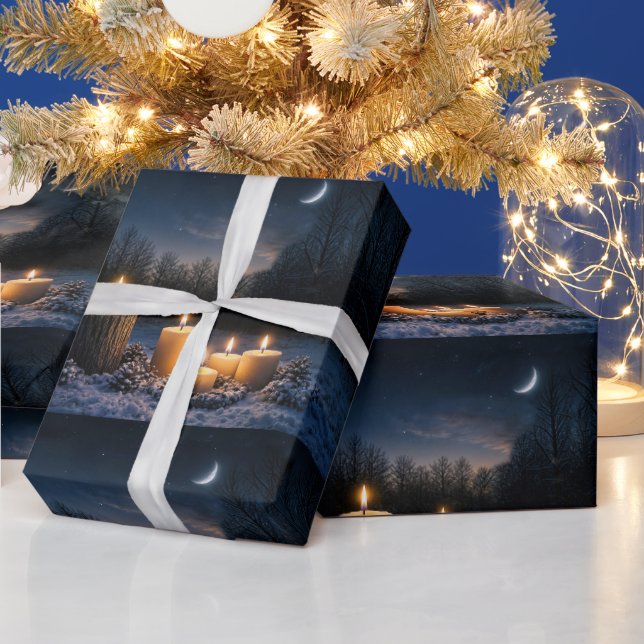 Papel De Presente Velas na Neve com Lua Crescente Yule (Feriados)