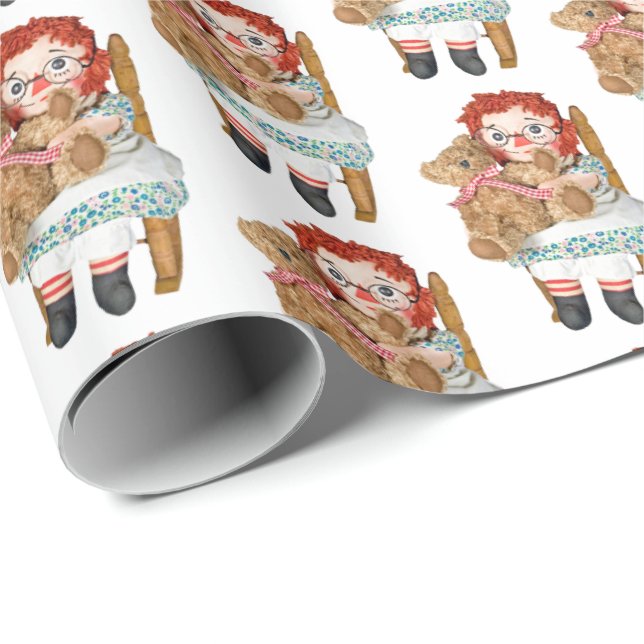 Papel De Presente velha boneca de pano com ursinho (Ponta do rolo)