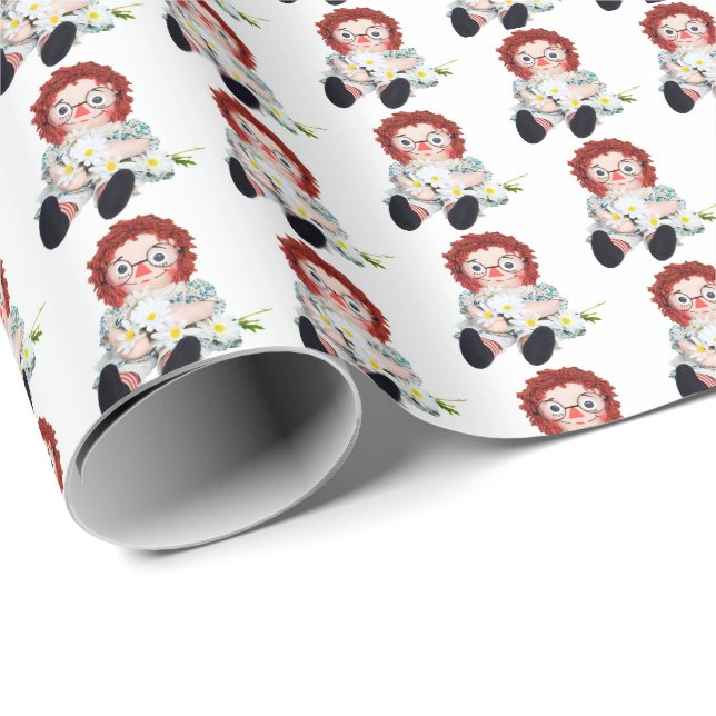 Papel De Presente Velha boneca Rag com buquê margarida (Ponta do rolo)