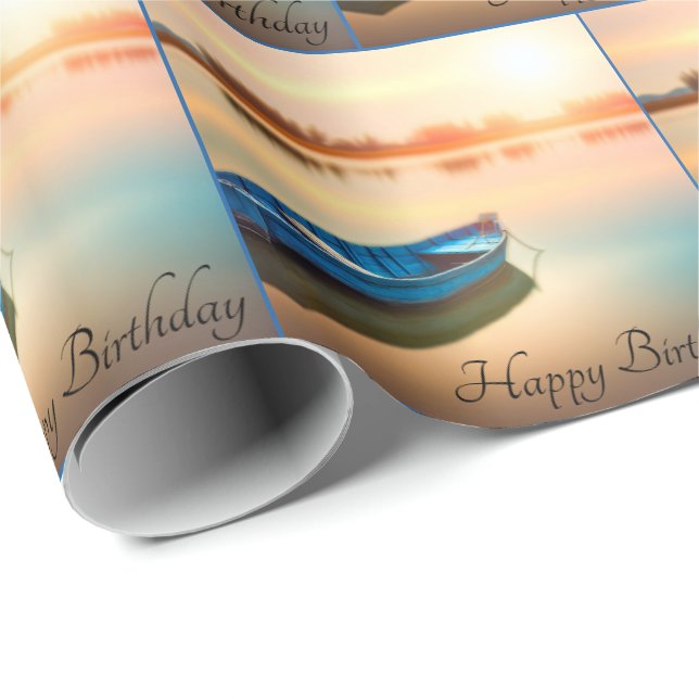 Papel De Presente Velho Blue Rowboat para o aniversário (Ponta do rolo)