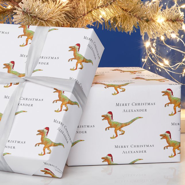 Papel De Presente Velociraptor do Dinossauro do Nome do Menino Perso (Personalized boy name merry Christmas dinosaur velociraptor Santa white modern gift wrapping paper)