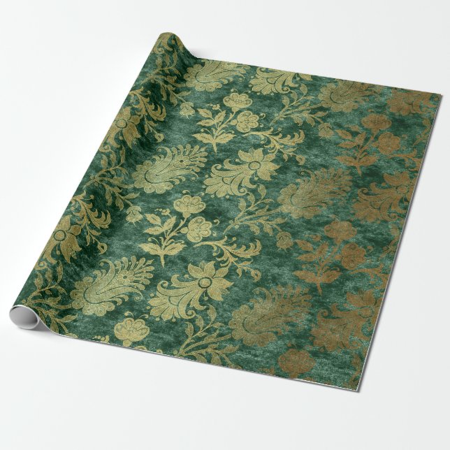 Papel De Presente Veludo Damask Floral Esmeralda (Desenrolado)