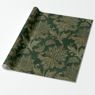 Papel De Presente Veludo de Natal Floral Falso Verde e Dourado Vinta