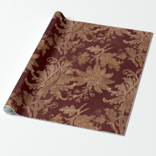 Papel De Presente Veludo Floral Falso Vermelho e Dourado Natal Vinta