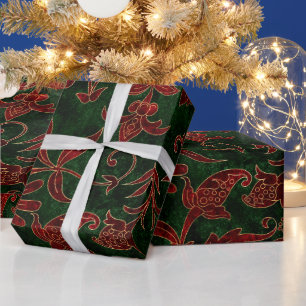 Papel De Presente Veludo Floral Natal Vermelho e Verde Vintage