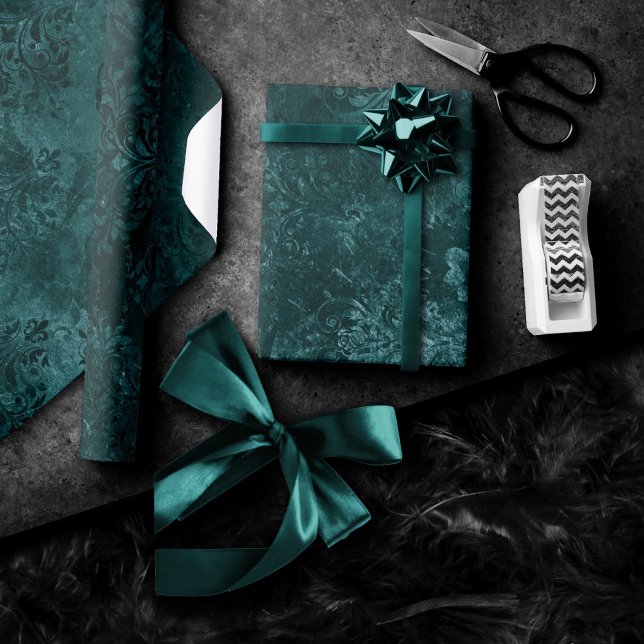 Papel De Presente Velvety Teal Damask | Verde escuro Barroco (Criador carregado)