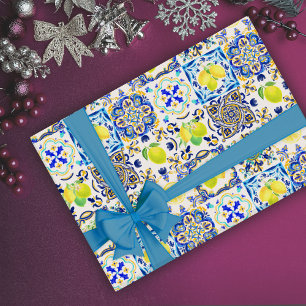 Papel De Presente Verão Azul Majólica Italiana Cítrico Siciliano