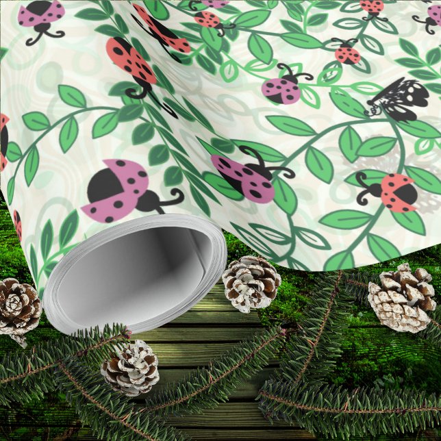 Papel De Presente Verão - Joaninhas, Borboletas e Folhas - Rolo (Summer - Lady Bugs, Butterflies and Leaves - Roll Wrapping Paper)