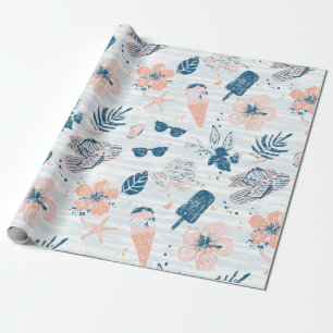 Papel De Presente Verão Praia Tropical Azul Coral Listrado 