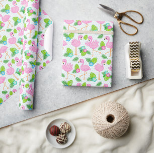 Papel De Presente Verão Tropical Flamingo e Padrão Floral