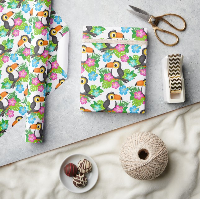 Papel De Presente Verão Tropical Tucano e Padrão Floral (Artesanato)