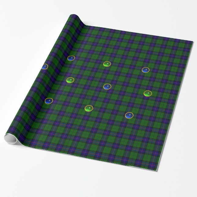 PAPEL DE PRESENTE VERDE AZUL ESCOTTISH TARTAN, SAPPHIRE EMERALD GEMS (Desenrolado)