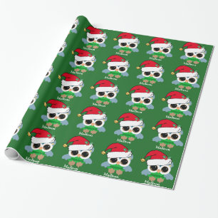 Papel De Presente Verde bonito do costume da coruja do Natal