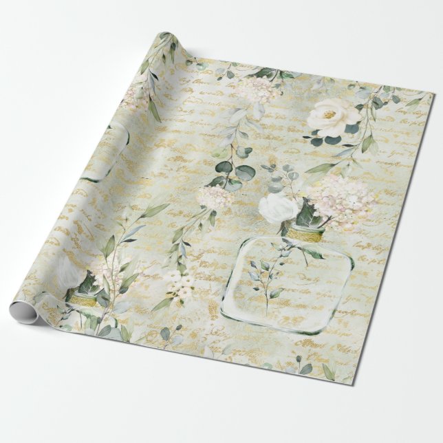Papel De Presente Verde-Branco Romântico e Dourado Floral Botânico (Desenrolado)