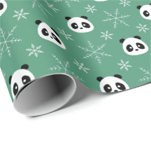 Papel De Presente Verde-claro - Pandas bonitas com Flocos de Neve