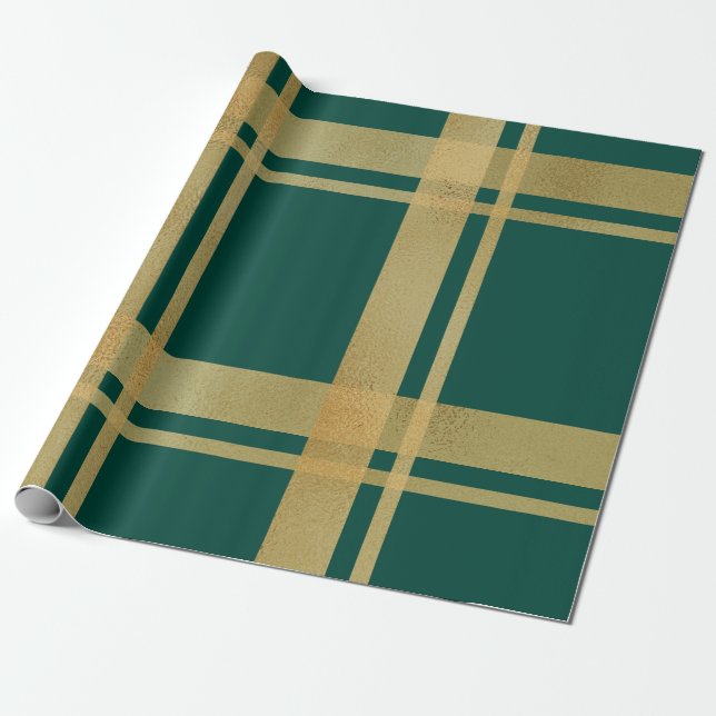 Papel De Presente Verde clássico e Dourado Tartan (Desenrolado)