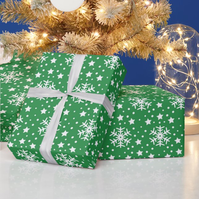 Papel De Presente VERDE COM FLocos DE NEVE DE NATAL BRANCOS (Feriados)