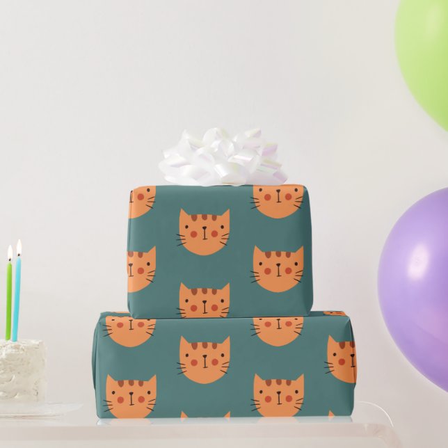 Papel De Presente Verde de Gato Laranja (Presentes para festas)