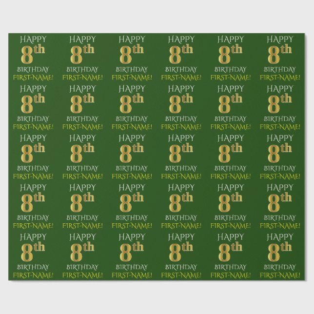 Papel De Presente Verde, Dourado "FELIZ 8º ANIVERSÁRIO" (Aberto)