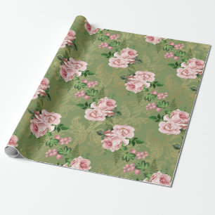Papel De Presente Verde e Dourado com Rosas Rosa