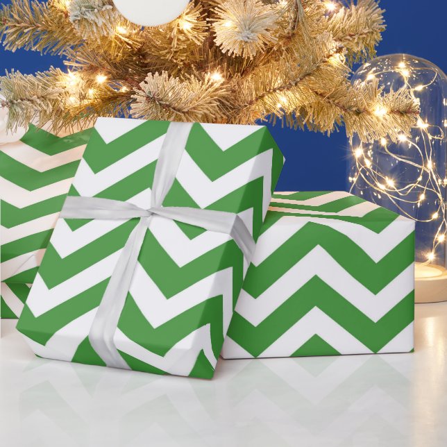 Papel De Presente Verde Escuro e Branco Chevron Casamento Aniversári (Feriados)