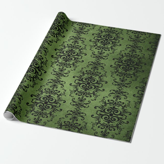 Papel De Presente Verde Estampa de Damasco Rústico (Desenrolado)