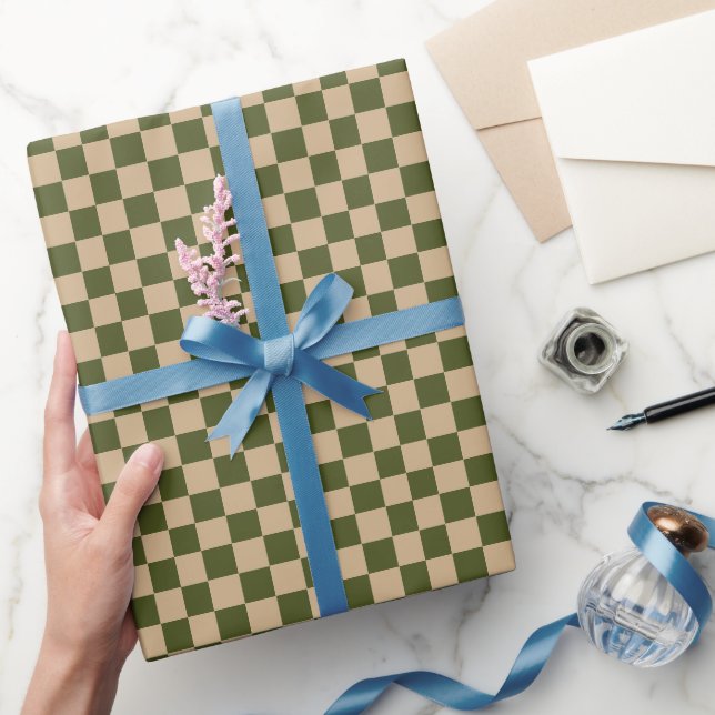 Papel De Presente Verde Exército com Estilo de Quadrado Bege (Presentear)