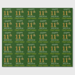 Papel De Presente Verde, Falso Ouro "FELIZ ANIVERSÁRIO DE 11 ANOS"