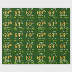 Papel De Presente Verde, Faux Dourado "69º ANIVERSÁRIO FELIZ"