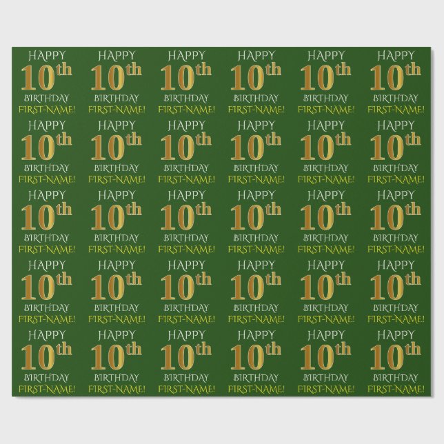 Papel De Presente Verde, Faux Dourado "FELIZ 10 ANOS" (Aberto)