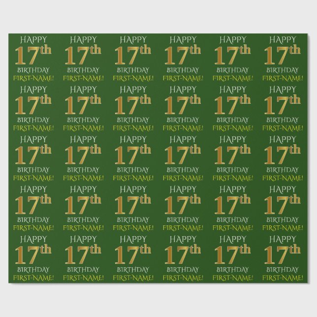 Papel De Presente Verde, Faux Dourado "FELIZ 17 ANOS" (Aberto)