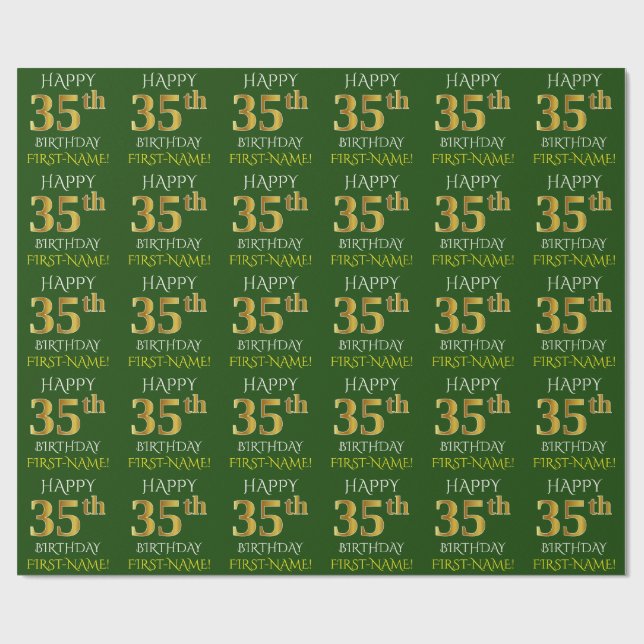 Papel De Presente Verde, Faux Dourado "FELIZ 35 ANOS" (Aberto)