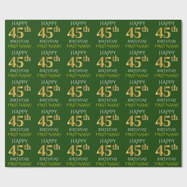 Papel De Presente Verde, Faux Dourado "FELIZ 45 ANOS" (Aberto)