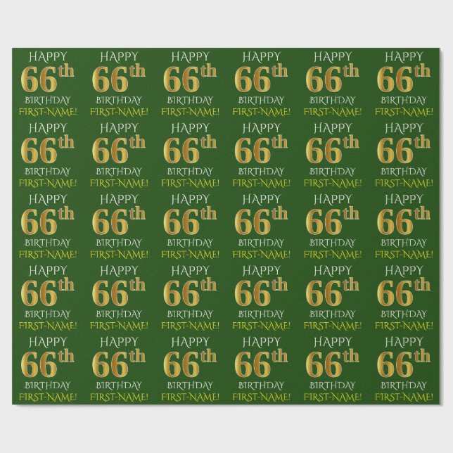 Papel De Presente Verde, Faux Dourado "FELIZ 66 ANOS" (Aberto)