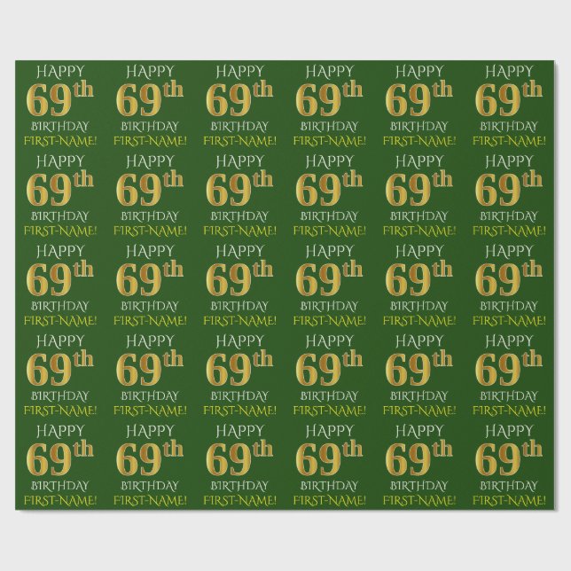 Papel De Presente Verde, Faux Dourado "FELIZ 69 ANOS" (Aberto)