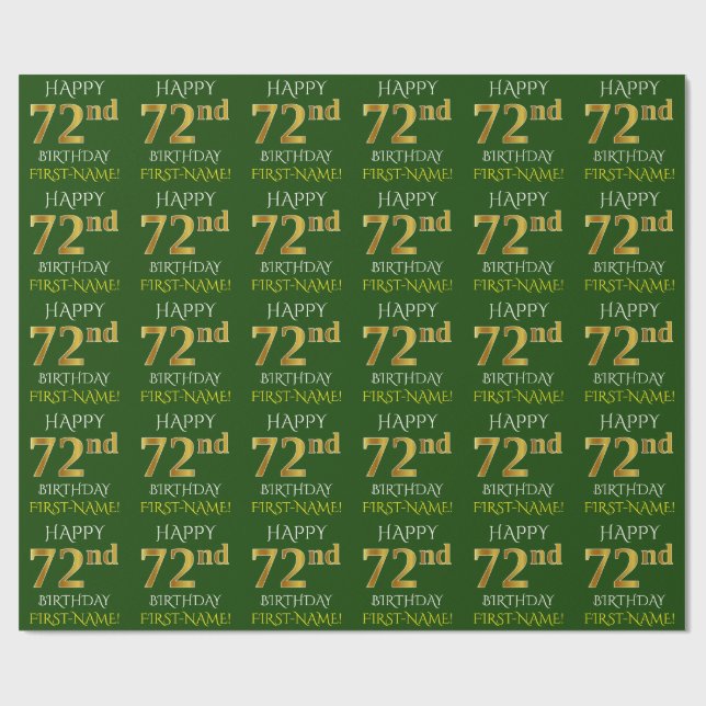 Papel De Presente Verde, Faux Dourado "FELIZ 72º ANIVERSÁRIO" (Aberto)