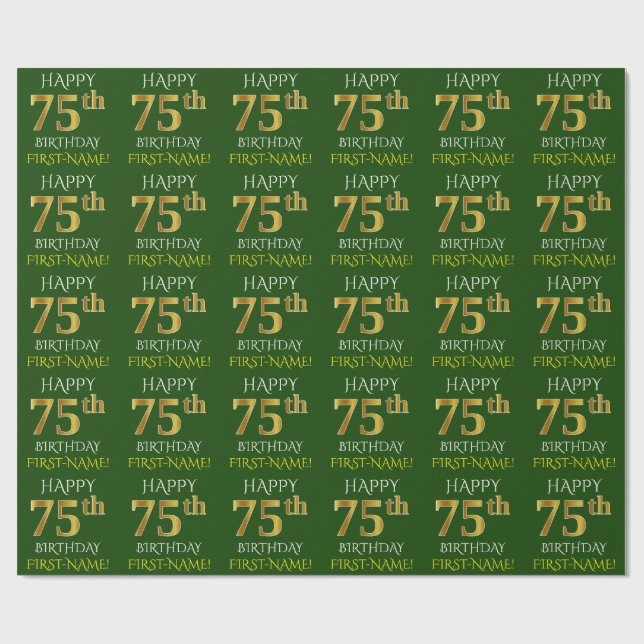 Papel De Presente Verde, Faux Dourado "FELIZ 75 ANOS" (Aberto)