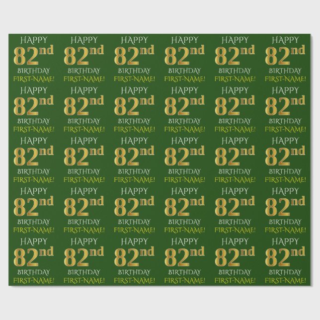 Papel De Presente Verde, Faux Dourado "FELIZ 82º ANIVERSÁRIO" (Aberto)