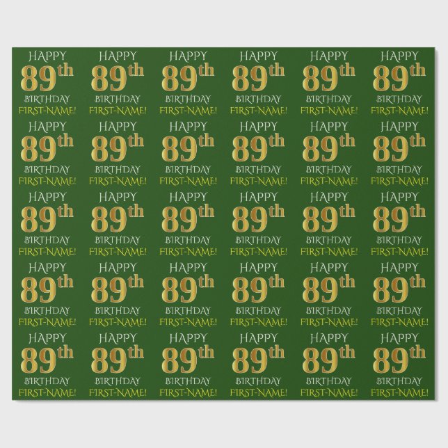 Papel De Presente Verde, Faux Dourado "FELIZ 89 ANOS" (Aberto)