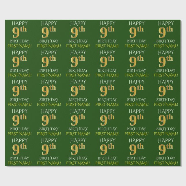 Papel De Presente Verde, Faux Dourado "FELIZ 9º ANIVERSÁRIO" (Aberto)