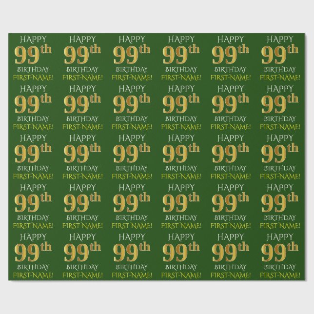 Papel De Presente Verde, Faux Dourado "FELIZ 99º ANIVERSÁRIO" (Aberto)